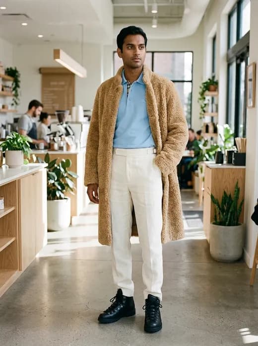 A look rendered by Look on a figure in a bright cafe — camel overcoat, light polo, linen trousers, leather boots.