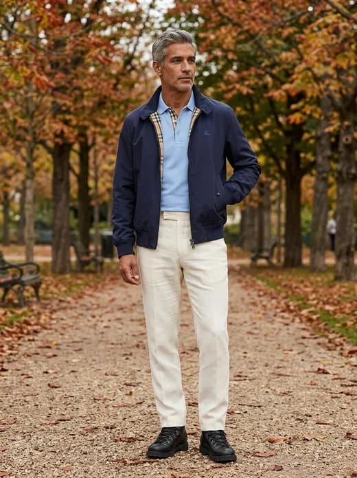 A look rendered by Look on a figure in an autumn park — navy bomber, polo, linen trousers, leather boots.