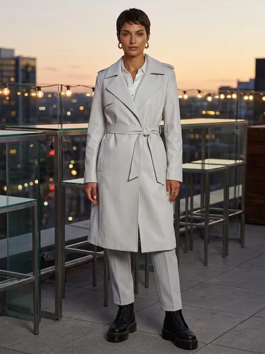 A look rendered by Look on a figure at a rooftop bar — grey trench coat over a tailored set and ankle boots.