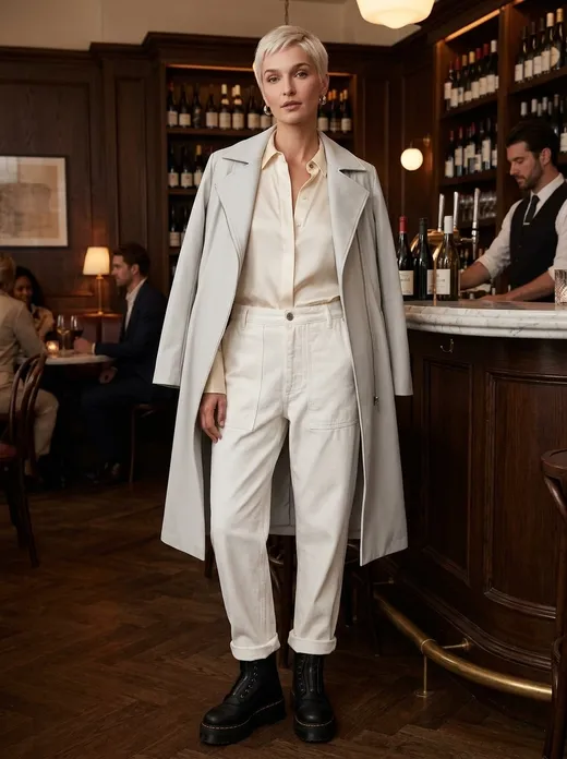 A look rendered by Look on a figure in a wine bar — cream trench, silk blouse, tailored trousers, leather boots.