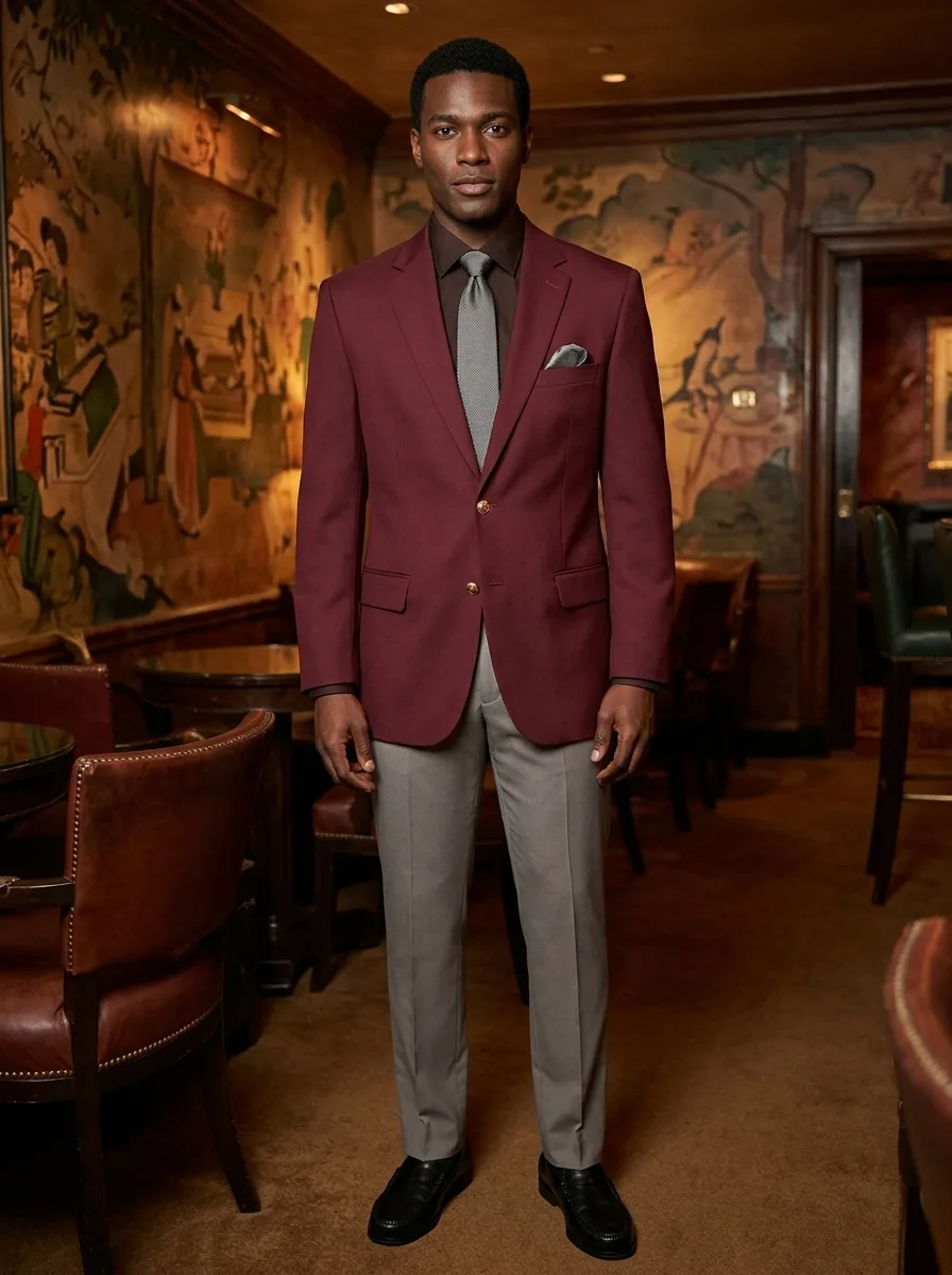 A look rendered by Look on a figure in a wood-panelled dining room — burgundy blazer, brown shirt, grey trousers, leather loafers.