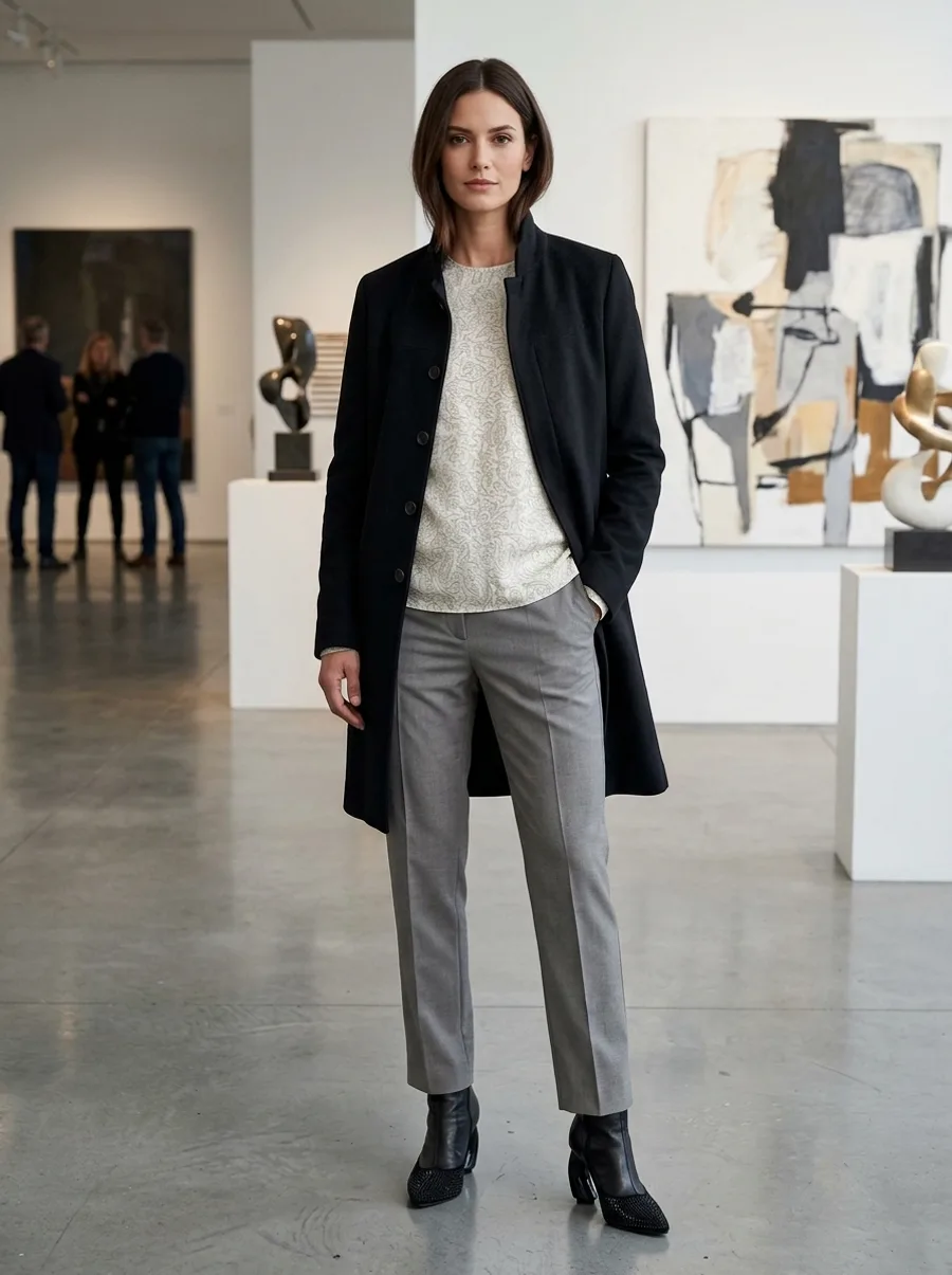A look rendered by Look on a figure in a modern art gallery — black wool coat, silk blouse, tailored trousers, ankle boots.